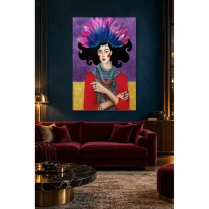 Fida, femme avec coiffe en plumes et colliers sur fond violet, impression sur toile - Product Image 1