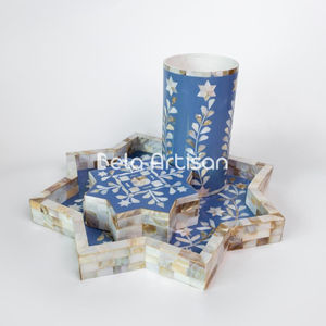 Quemador Bakhoor de acero inoxidable Star Blossom con incrustaciones de azul y nácar aromático ecológico - Product Image 1