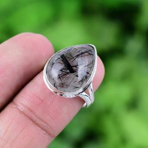 Anillo giratorio de rutilo negro con piedras preciosas hechas a mano de plata de ley sólida 925, anillo de regalo de boda Natural, Plata estampada 925 para fiestas - Product Image 3