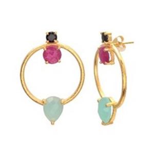 Pendientes de plata de ley 925 con gema de rubí y ónix, pendientes redondos con forma de pera - Product Image 1