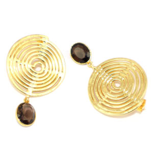 ต่างหูทรงกลมแบบโบราณ ดีไซน์เก๋ไก๋ ประดับด้วยควอตซ์สโมคกี้คัตและไฮโดรควอตซ์ ชุบทอง 22K บนตัวเรือนทองเหลือง ขายส่ง - Product Image 3