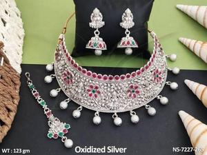 Diseñador Kemp oxidado plata gargantilla collar templo Laxmi diseño elegante tradicional indio étnico joyería conjunto para mujer - Product Image 2