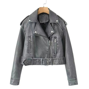 Automne hiver femmes Vintage ample Pu Faux cuir veste courte avec ceinture Streetwear cuir manteau femmes fermeture éclair Moto Biker Outwear - Product Image 3