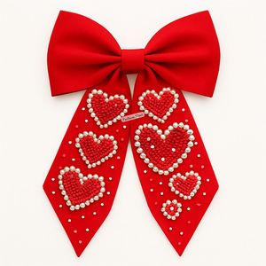 Hot <b>Pink</b> Valentine Hair Bow Handmade Crystal And Pearl Heart <b>Ribbon</b> Bow - Product Image 5