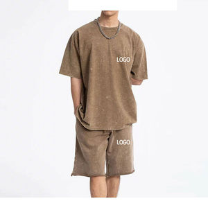 Conjunto de pantalones cortos de Camiseta de algodón 100% para hombre con estilo Diseño transpirable Hecho Color sólido Ropa de verano Conjunto de pantalones cortos de lavado ácido de talla grande - Product Image 2