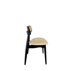 Set di 2 Sedie da Pranzo in Legno Nero con Schienale in Rattan per Soggiorno e Ufficio, Materiale in Pelle Resistente, Arredamento per la Casa - Product Image 2