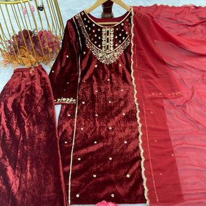 Heavy Designer Suit Pure Viscose Velvet With Embroidery Sequence Work With Fancy Sleeve Traditional Wear Dress Beautiful Color - Product Image 1