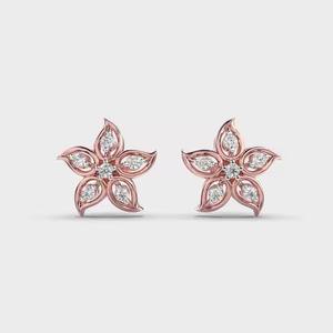 Pendientes de tuerca de oro de 14 quilates con diseño de flores para mujer con pendientes redondos de diamantes cultivados en laboratorio, regalo para mujer - Product Image 1