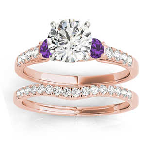 14K Rose Gold Fine <b>Jewelry</b> <b>Set</b> Diamond & Amethyst Three Stone <b>Bridal</b> Ring 0.55ct - Product Image 1