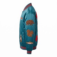Blouson Bomber Oversize en Satin Unisexe Teal Scarlet avec Patch Chenille Champignon et Doublure Sublimée, Logo Personnalisé OEM