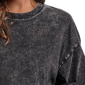 À la mode plaine col rond couture extérieure Vintage lavage à l'acide 380g femmes de haute qualité épaules tombantes sweats - Product Image 6