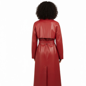 Manteau trench en cuir pour femmes, fournisseur d'usine OEM, vente en gros, sur mesure, long, vêtement d'extérieur tendance, double boutonnage, ceinture en coton - Product Image 2