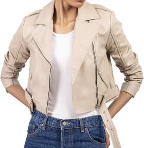 Chaqueta de cuero recortada Mujer Solapa Asimétrica Zip Up Moto Biker Abrigo corto con cinturón Dry Clean Only - Product Image 1