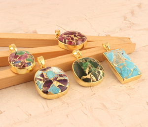 Vente en gros de bijoux à la mode mohave, pendentif en cuivre violet, turquoise, plaqué or, connecteur en forme de coussin, pendentif en pierre précieuse, bijoux - Product Image 5