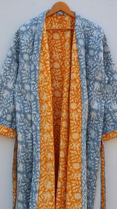 Hecho a mano tejido indio acolchado bloque estampado Reversible Kantha Robe estilo Kimono japonés chaqueta de invierno cinturón de corbata multicolor Casual - Product Image 3