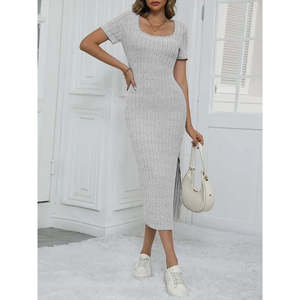 Vestido corto de mujer con cuello cuadrado, abertura lateral y diseño acanalado tipo corsé, 23491 - Gris - Product Image 4