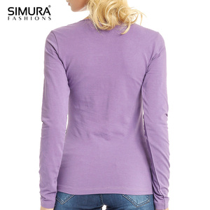 T-shirt décontracté pour femme à manches longues, col rond, couleur unie, 100% coton biologique, coupe ajustée, toutes saisons, tissu jersey tricoté - Product Image 4