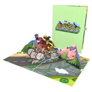 Cartão 3D de corrida de bicicletas Pop Up, best-seller para o Dia dos Pais, aniversário, aniversário, papel artesanal, corte a laser, 3D
