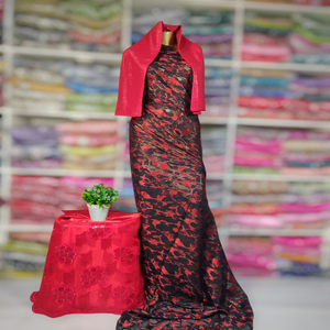 Collection Empress - Robe traditionnelle somalienne Fransawi Dirac en soie jacquard tissée 100% et mousseline unie - Rouge vif et noir - Product Image 1