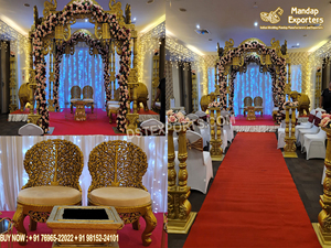 Maharani <b>Peacock</b> Carved Traditional Indian Wedding Mandap Designer Double Pole with <b>Chairs</b> for Event Decor Indian Decor Newyork - Product Image 3