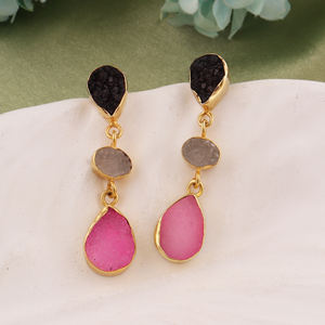 Pendientes Elegantes al por Mayor con Triple Piedra de Ágata Azucarada, Chapados en Oro de 18K, con Piedra Ovalada en Forma de Pera, Joyería Larga y Moderna para Mujer - Product Image 2