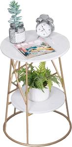 Two Tier Round Side <b>Table</b> <b>with</b> Stone Top, Sofa End <b>Table</b> <b>with</b> Storage <b>Shelf</b>, Metal Frame - Product Image 2