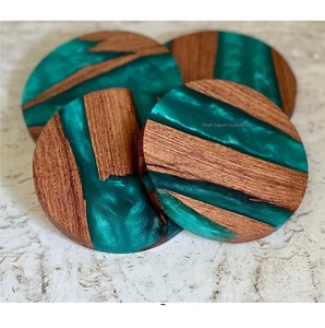 Round Shape Wood and Resin Drink Serving Coasters Tableware Mat & <b>Pads</b> Tea & <b>Coffee</b> Coaster Brown/Green Finished - Product Image 1