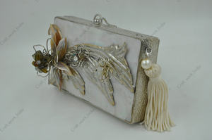 Handcrafted Mother of Pearl <b>Silver</b> Frame Clutch with Sculpted Floral Motif Pearl Tassel Luxury Bridal <b>Evening</b> <b>Bag</b> - Product Image 3
