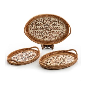 ชุดถาดเสิร์ฟอาหารทำจากไม้ไผ่หวายและงานฝังมุก 3 ชิ้น ขนาดต่างๆ รูปทรงวงรี ถาดใส่ของหวาน ราคาไม่แพง - Product Image 2