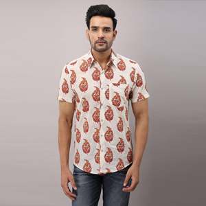 Men's Casual White Cotton <b>Shirt</b> with Ethnic Motifs Floral Dot Pattern Breathable Poplin Fabric Beach Wear Size 5XL ODM Supply - Product Image 2