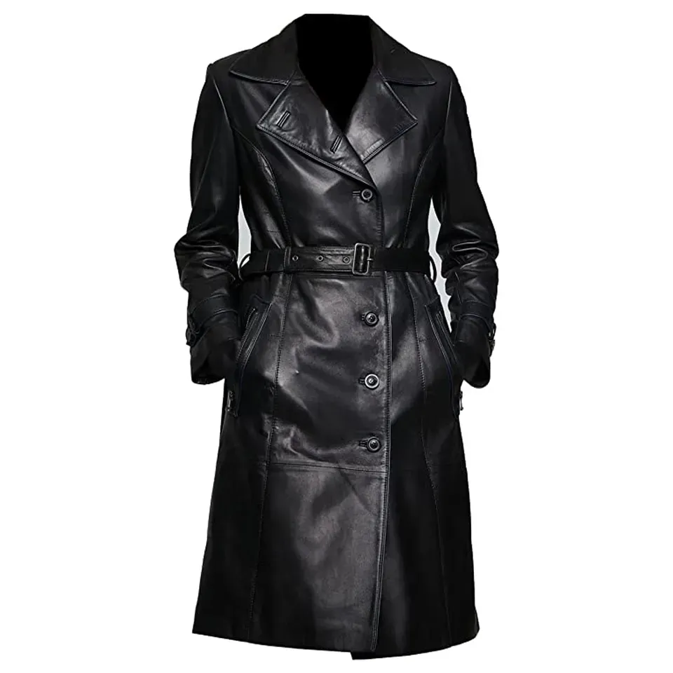 معطف طويل أسود من جلد الخراف جاكيت للنساء معطف مخصص عالي الجودة