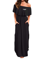 Robe longue d'été décontractée pour femme, à épaules dénudées, en tissu tissé, avec volants et poches, idéale pour la plage