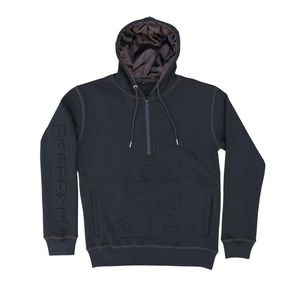 Survêtement avec point contrasté et logo en relief personnalisé polaire noire avec coutures marron capuche doublée en satin sweat à capuche et joggers à fermeture éclair - Product Image 1