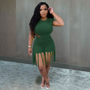 Conjunto de Top corto y pantalón corto con borlas para mujer, Sexy, de manga corta - Product Image 1