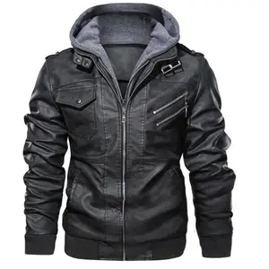 Men's PU Leather Jacket With Removable Hood Vegan Leather Biker Jacket