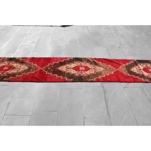 Turkish Vintage <b>Runner</b> Rug 2x12.9 ft, <b>Red</b> Brown Check Wool Rug - Product Image 3