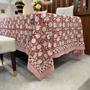 Red, <b>White</b> Floral Indian Hand Block Printed Rectangle <b>Tablecloth</b>, Cotton Table Cover, Housewarming Gift <b>Tablecloth</b>, Boho Wedding - Product Image 5
