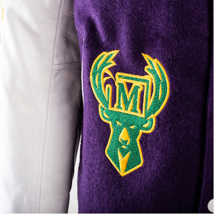 เสื้อแจ็กเก็ตสีม่วงสำหรับผู้ชายเสื้อแจ็กเก็ตผ้ากำมะหยี่แขนสีขาวปักอักษรบอมเบอร์เสื้อวิทยาลัยออกแบบได้ตามต้องการ2025แฟชั่น - Product Image 3