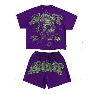 Camiseta unisex con serigrafía de algodón de 220gsm de alta calidad OEM, conjunto corto de gran tamaño informal con estampado de logotipo personalizado para hombre, talla sólida - Product Image 6