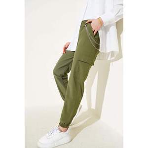 Pantalones Cargo de cintura elástica caqui para mujer con tela de lona transpirable estilo acampanado de cintura media decoración de rayas laterales lavado de colores - Product Image 1