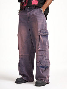 Salopette en jean pour homme, sur mesure, taille mi-haute, style tendance, décontractée, tricotée, lourde, multi-poches, délavée claire, rose net - Product Image 5