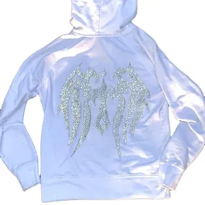 Custom zip up hoodies with rhinestone heat transfers lightweight cotton white hoodie sweatshirt women men