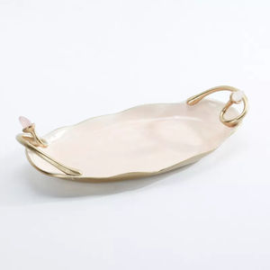 Good Quality Silver Oval Serving Tray Gold Leaf Handles Floral Polished for Home Decor Dining Accent <b>Catering</b>-Reasonably Priced - Product Image 3