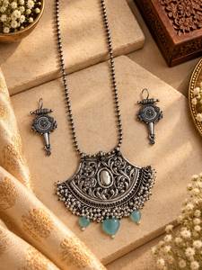 Designer Chitai Work Pendant Necklace for Women | <b>Handmade</b> Brass <b>Jewellery</b> with Pure <b>Silver</b> Design | Free Matching Earrings - Product Image 3