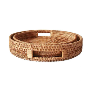 Panier de rangement rond moderne en rotin tressé à la main avec poignée, plateau multifonctionnel pour organiser l'espace - Product Image 1