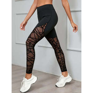 Leggings de Mujer con Cintura Alta, Diseño Geométrico y Detalle de Malla, 30291 - Negro - Product Image 4