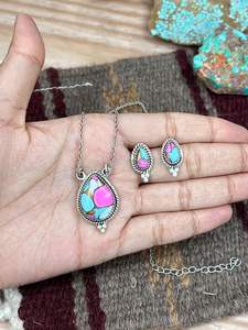 Fait à la main en argent Sterling barbe à papa Turquoise collier boucles d'oreilles ensemble cadeau pour elle Boho Pastel bijoux Style - Product Image 4