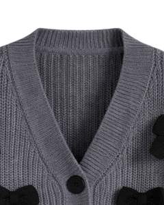 Customized Women Dark Grey Cropped Knit <b>Cardigan</b> Sweater <b>With</b> Black Bow Applique V Neck Button Front Cute Winter Fashion Top - Product Image 4