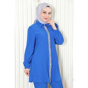 Ensemble deux pièces décontracté avec détails en pierre bleue, col rond, manches longues, tenue midi, tissu 100% polyester, tailles XL 2XL disponibles - Product Image 2