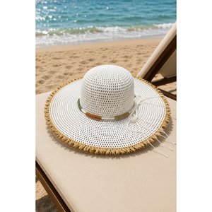 Sombrero de Playa de Paja Flexible Color Crudo con Detalle de Borlas, Estilo a Rayas, para Actividades al Aire Libre de Verano, Fiestas, Pesca, Viajes, Uso Casual - Product Image 1